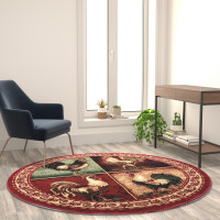 Flash Furniture ACD-RGL379-66-RD-GG Gallus Collection 6' x 6' Round Red Rooster Themed Olefin Area Rug with Jute Backing for Kitchen, Living Room, Bedroom